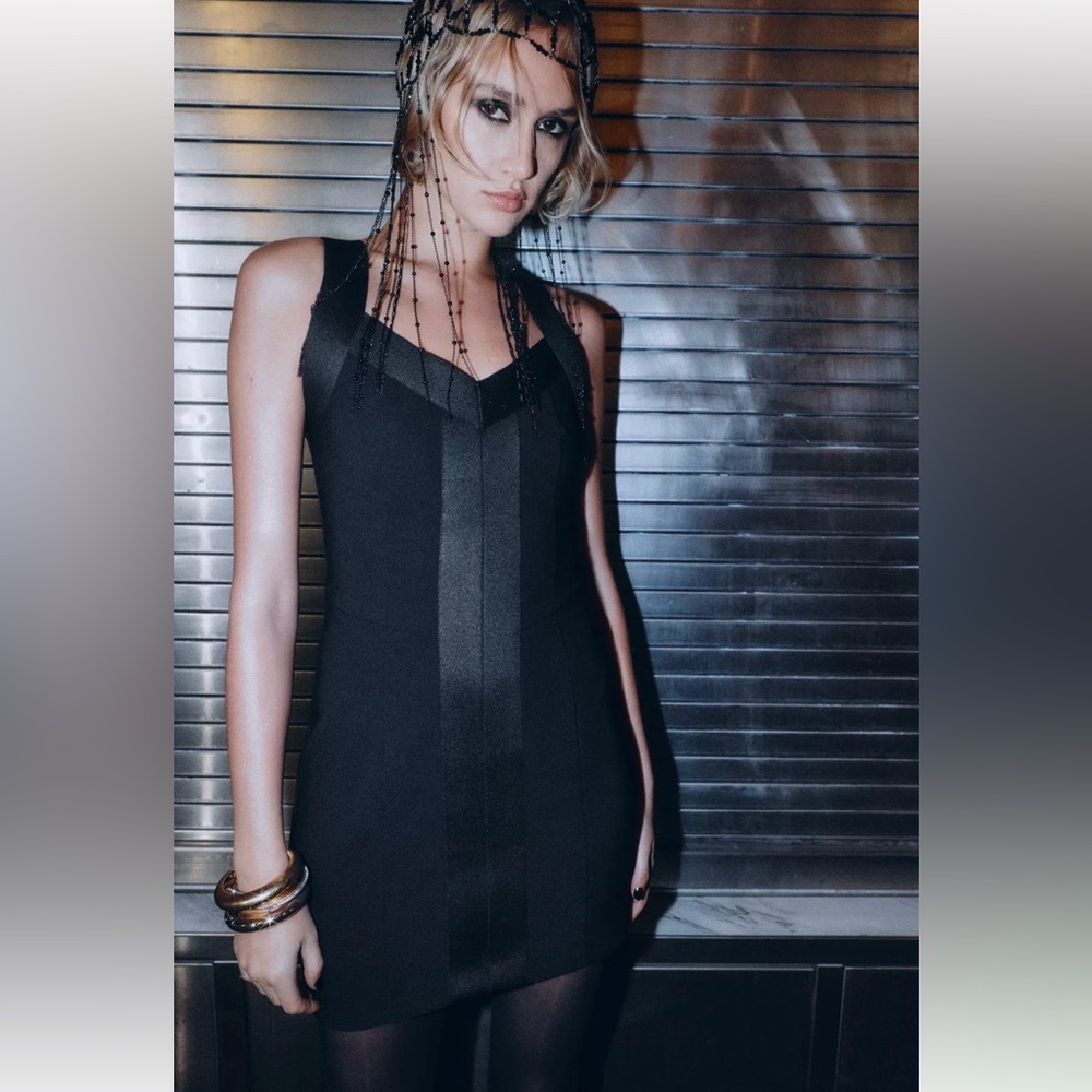 New ZARA Black Sleeveless Fitted Mini Dress with Front Zipper